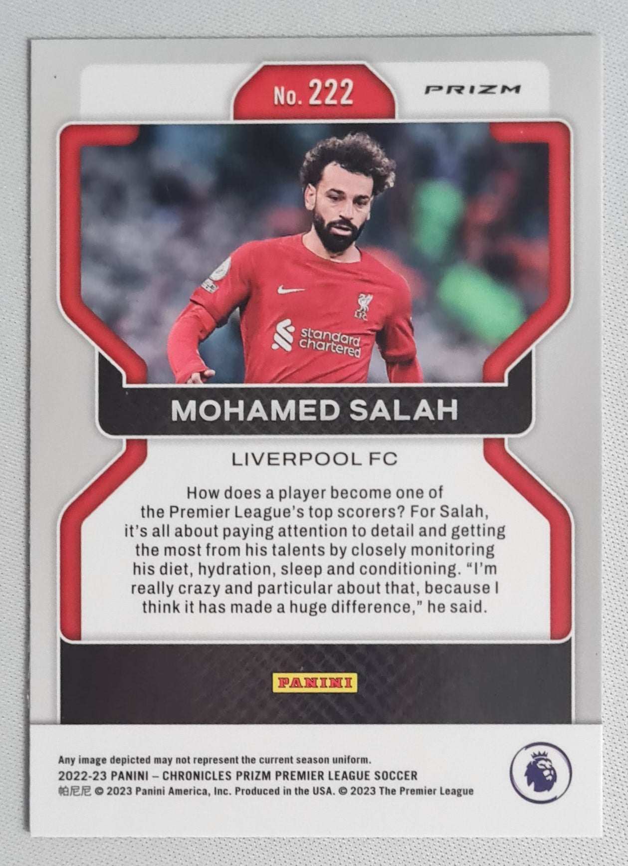 Mohamed Salah - 2022/23 Panini Chronicles Prizm Premier League Soccer - Liverpool #222 Purple Mojo Prizm