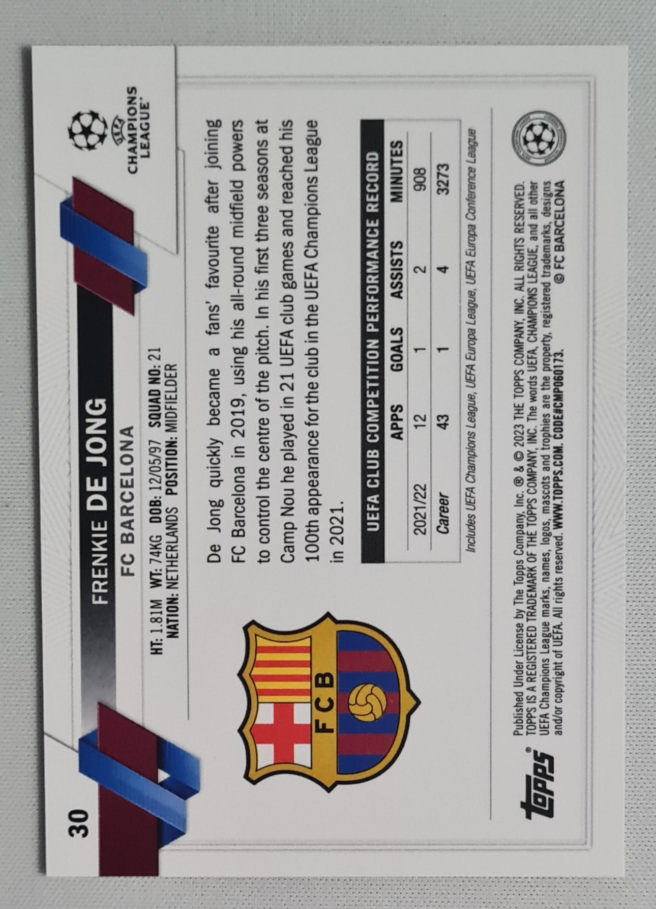 Frenkie de Jong - 2023 Topps Chrome FC Barcelona (CL) #30
