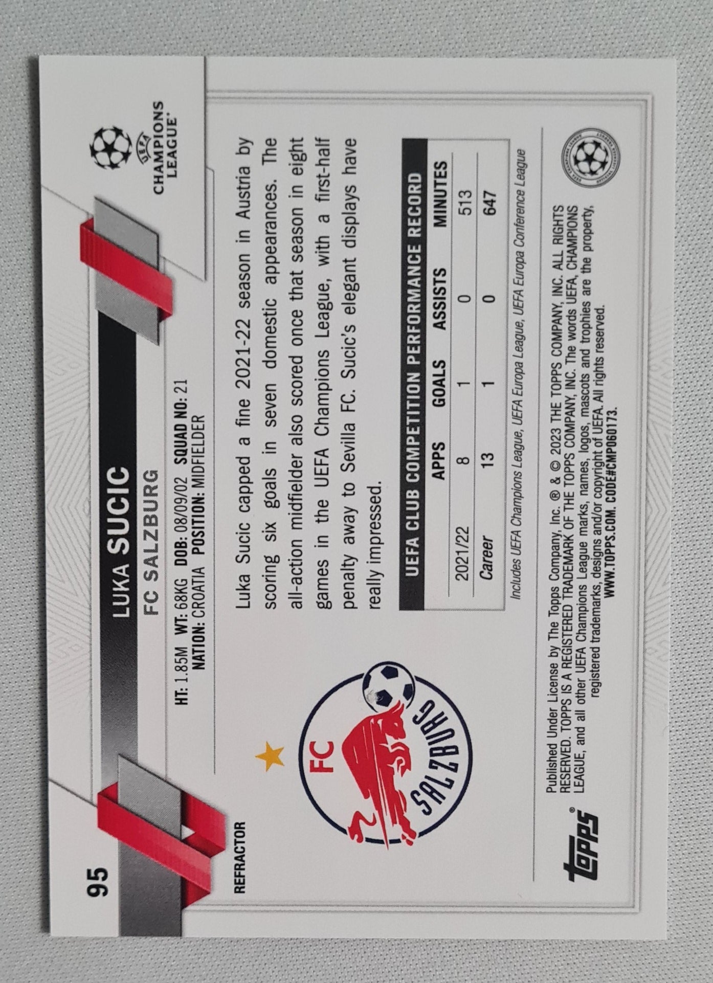 Luka Sucic - 2023 Topps Chrome FC Salzburg (CL) #95 Refractor