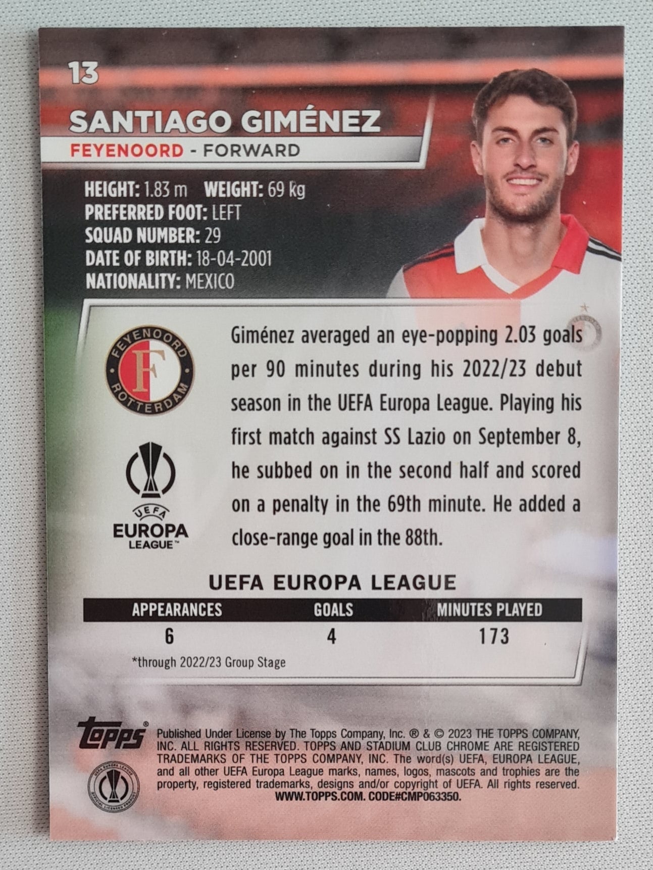 Santiago Gimenez - 2023 Topps Stadium Club Chrome (RC) Feyenoord (EL) #13