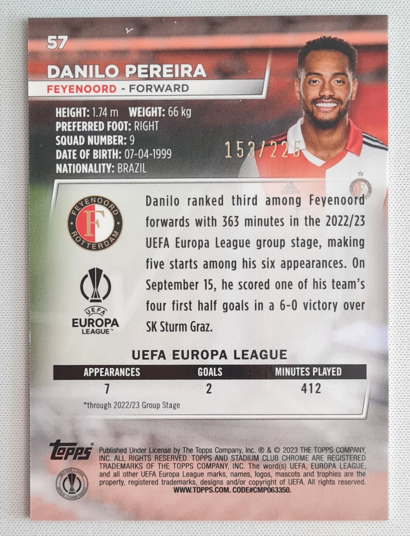 Danilo Pereira - 2023 Topps (EL) Feyenoord Aqua/Green Electric #57 /225