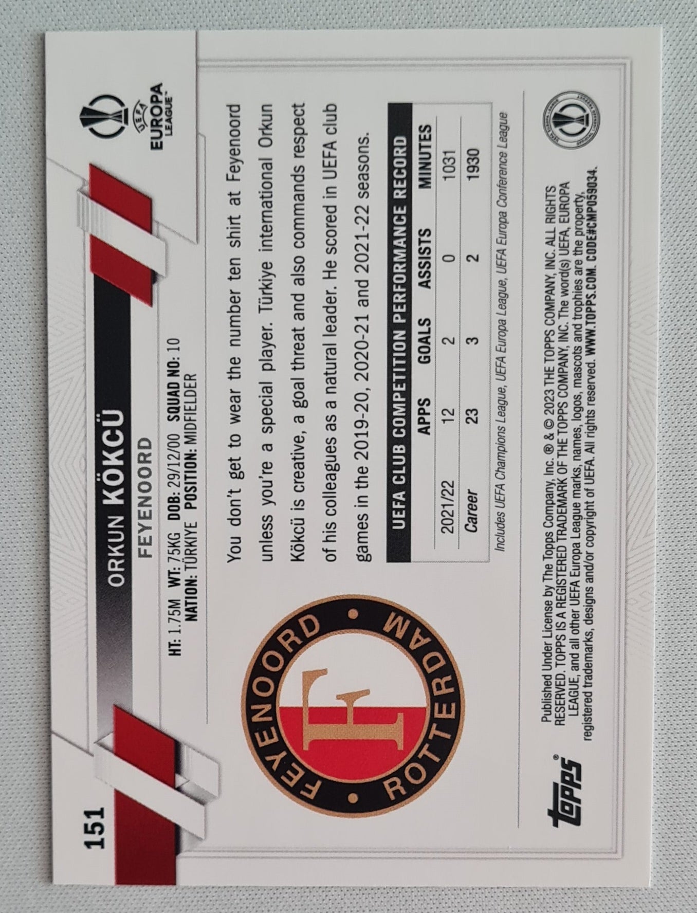 Orkun Kokcu - 2023 Topps (RC) Feyenoord (EL) #151