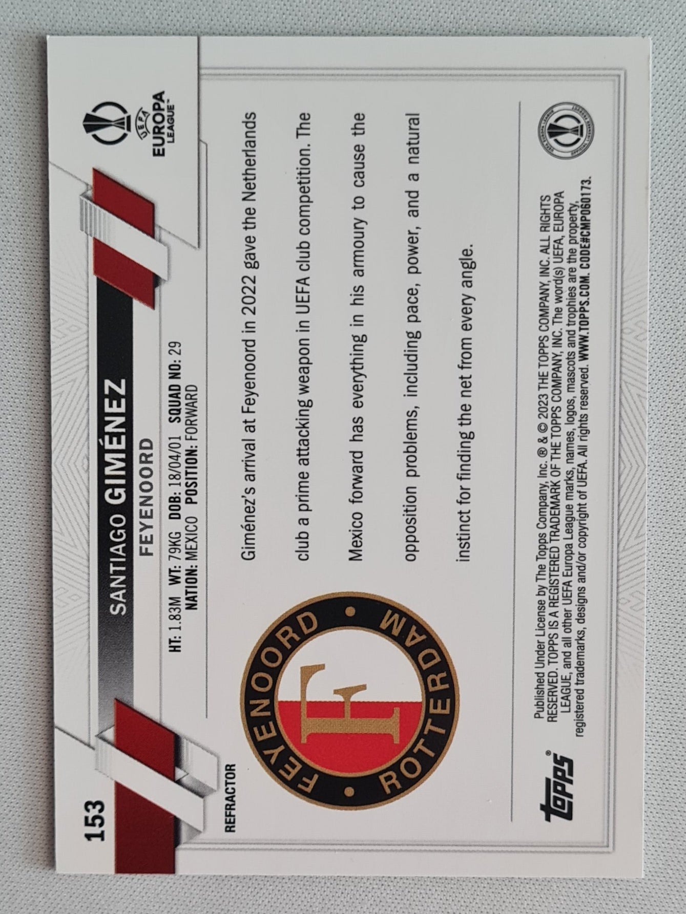 Santiago Gimenez - 2023 Topps Chrome (RC) Feyenoord (EL) #153 Refractor