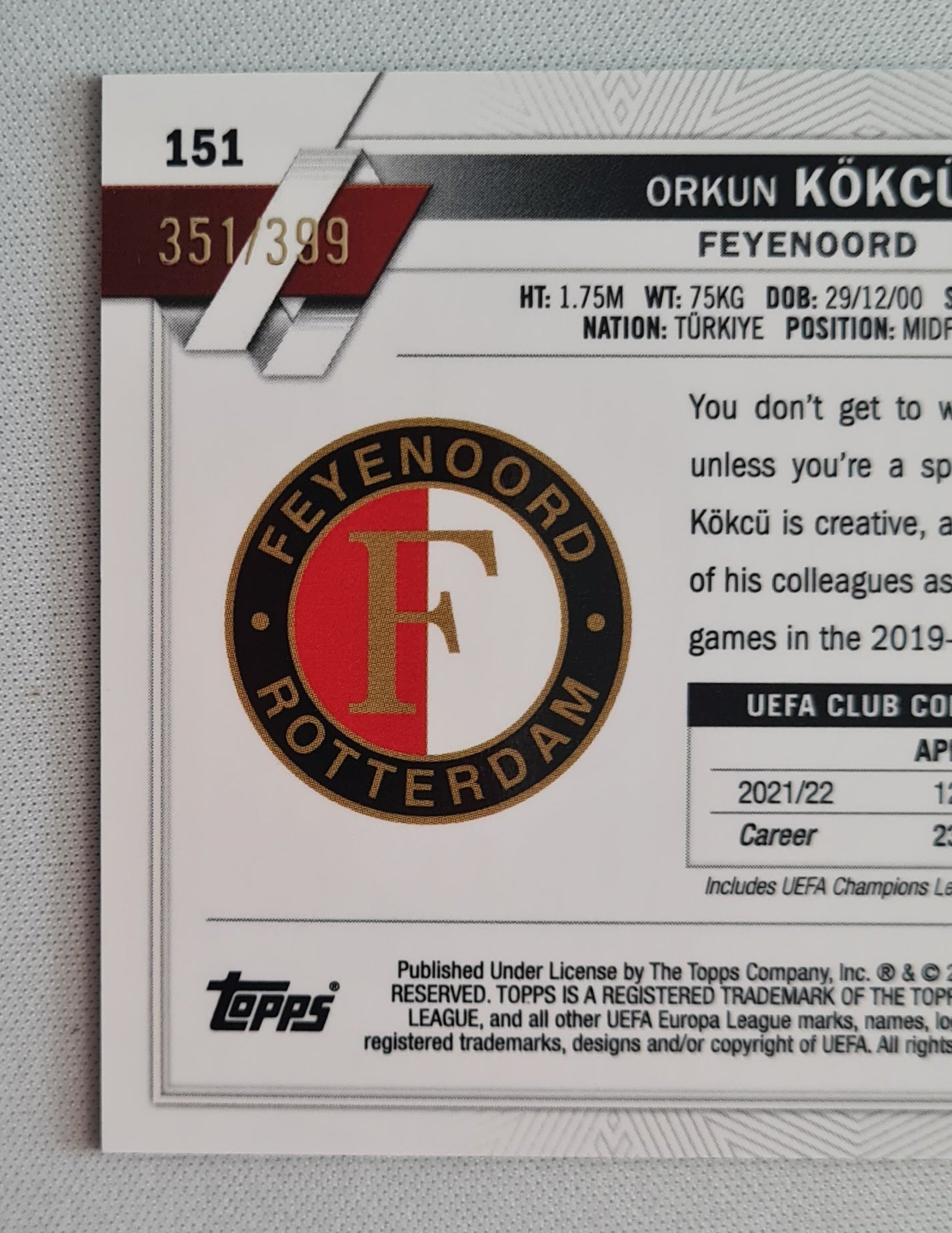 Orkun Kokcu - 2023 Topps (RC) Feyenoord (EL) #151 Green shimmer /399