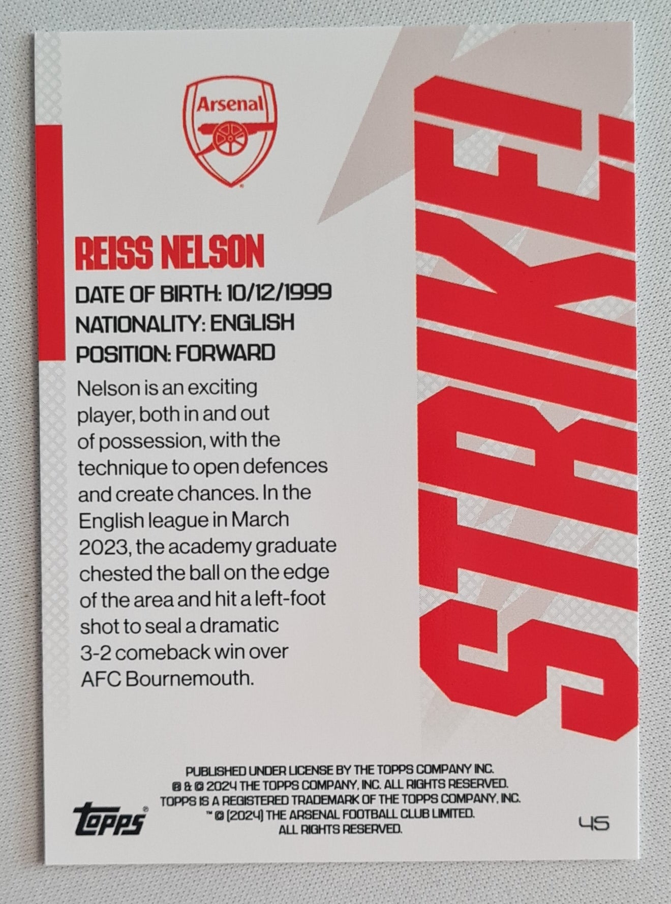 Reiss Nelson - 2024 Topps Arsenal Strike! #45