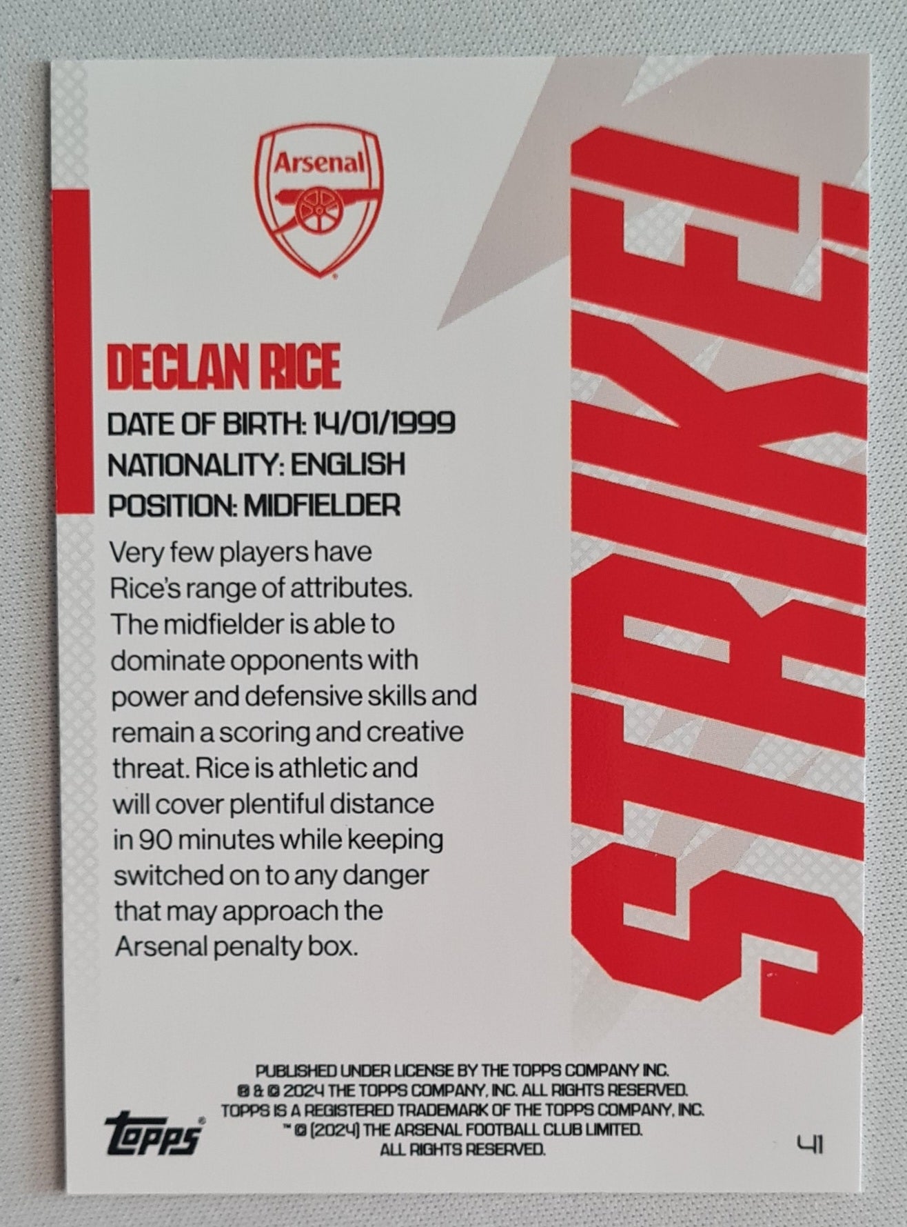 Declan Rice -  2024 Topps Arsenal Strike! #41