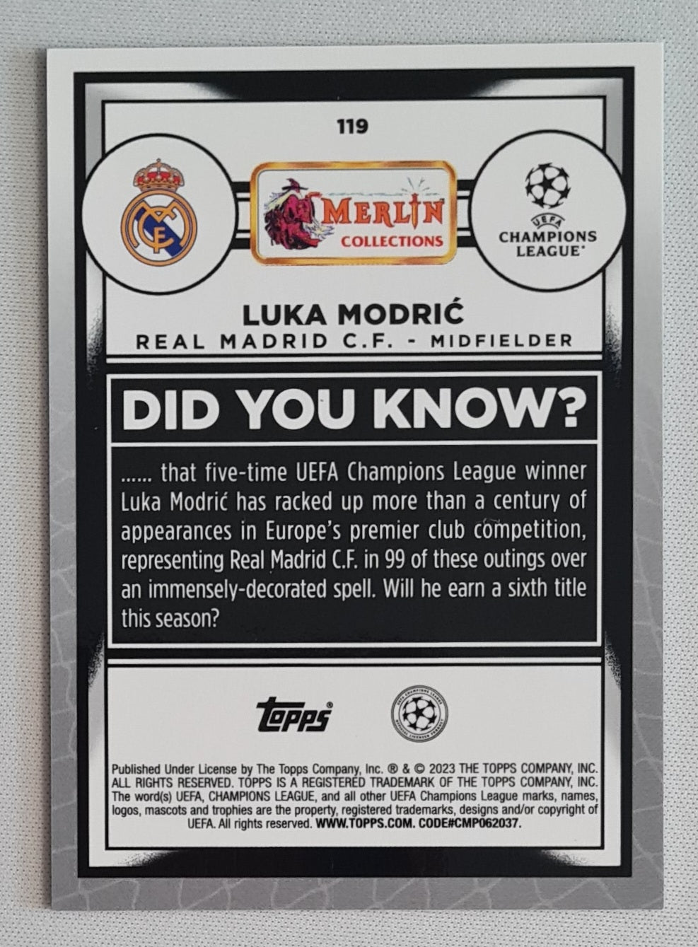 Luka Modric - 2023 Topps Merlin (CL) Real Madrid Aqua Prism Refractor #119