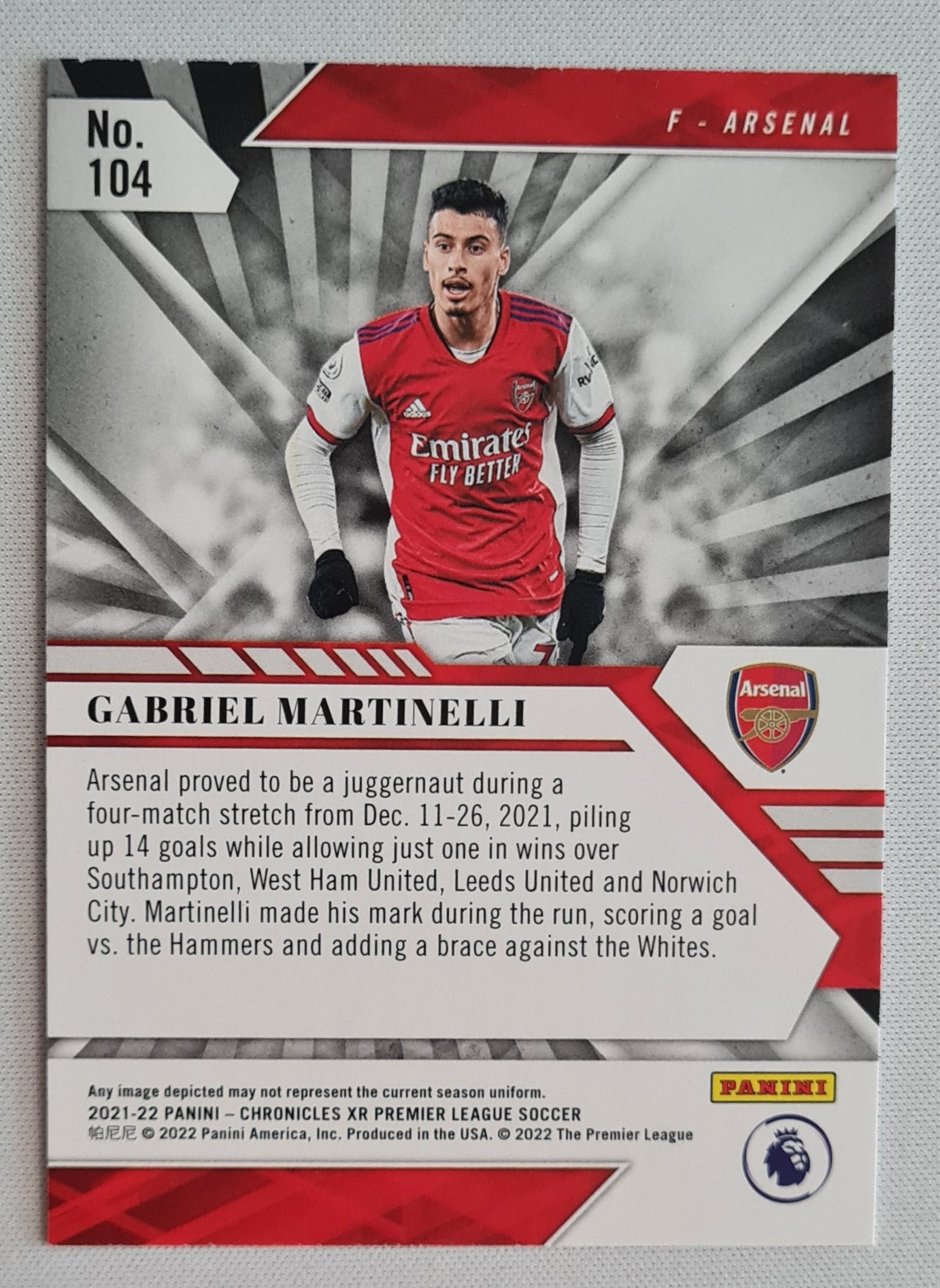 Gabriel Martinelli - 2021/22 panini Chronicles XR Premier League Soccer #104 Purple Astro Rookie Card