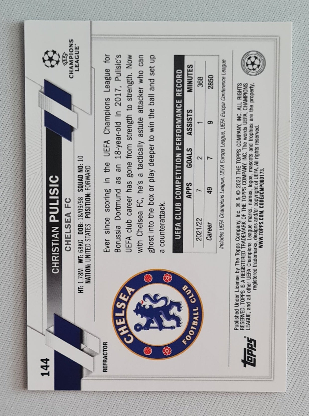 Christian Pulisic - 2022/23 Topps Chrome UEFA Club Competitions #144 Chelsea FC