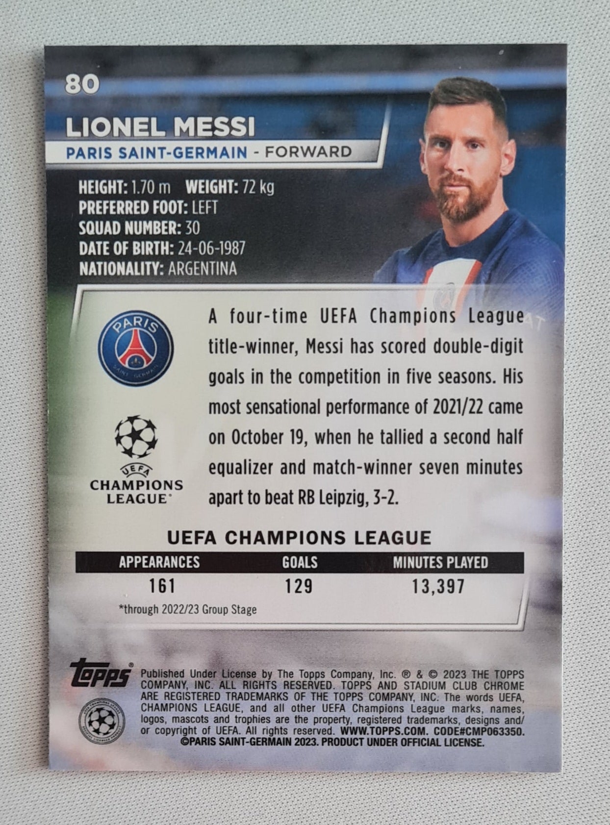 Lionel Messi - 2022/23 Topps Stadium Club Chrome UEFA #80 Paris Saint-Germain