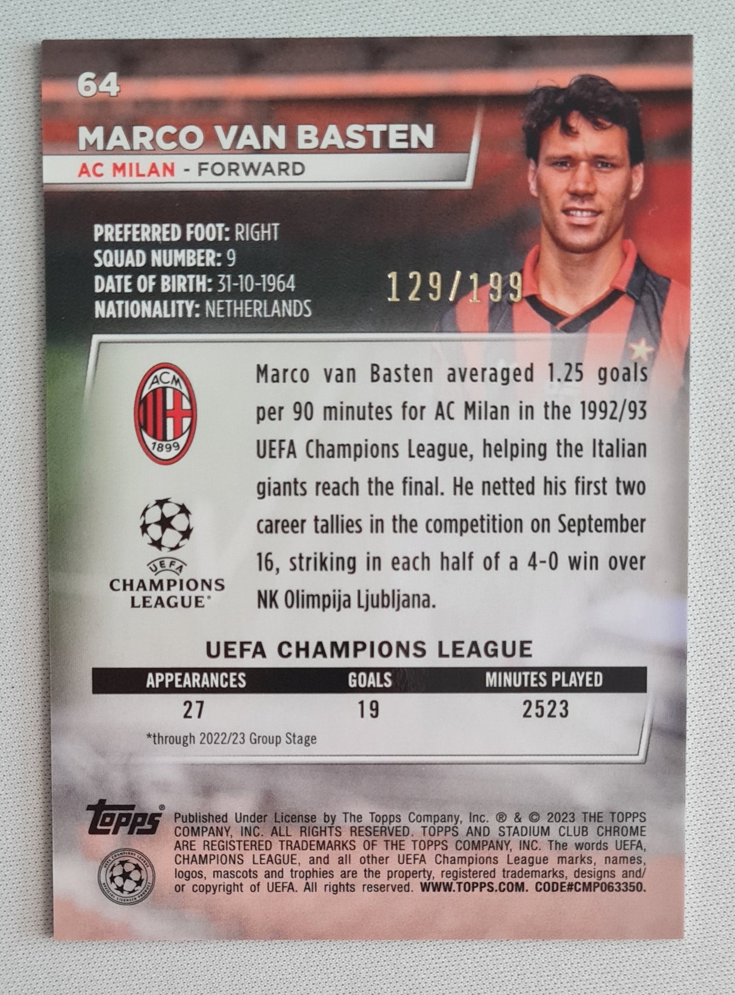 Marco van Basten - 2023 Topps Stadium Chrome AC Milan #64 /199