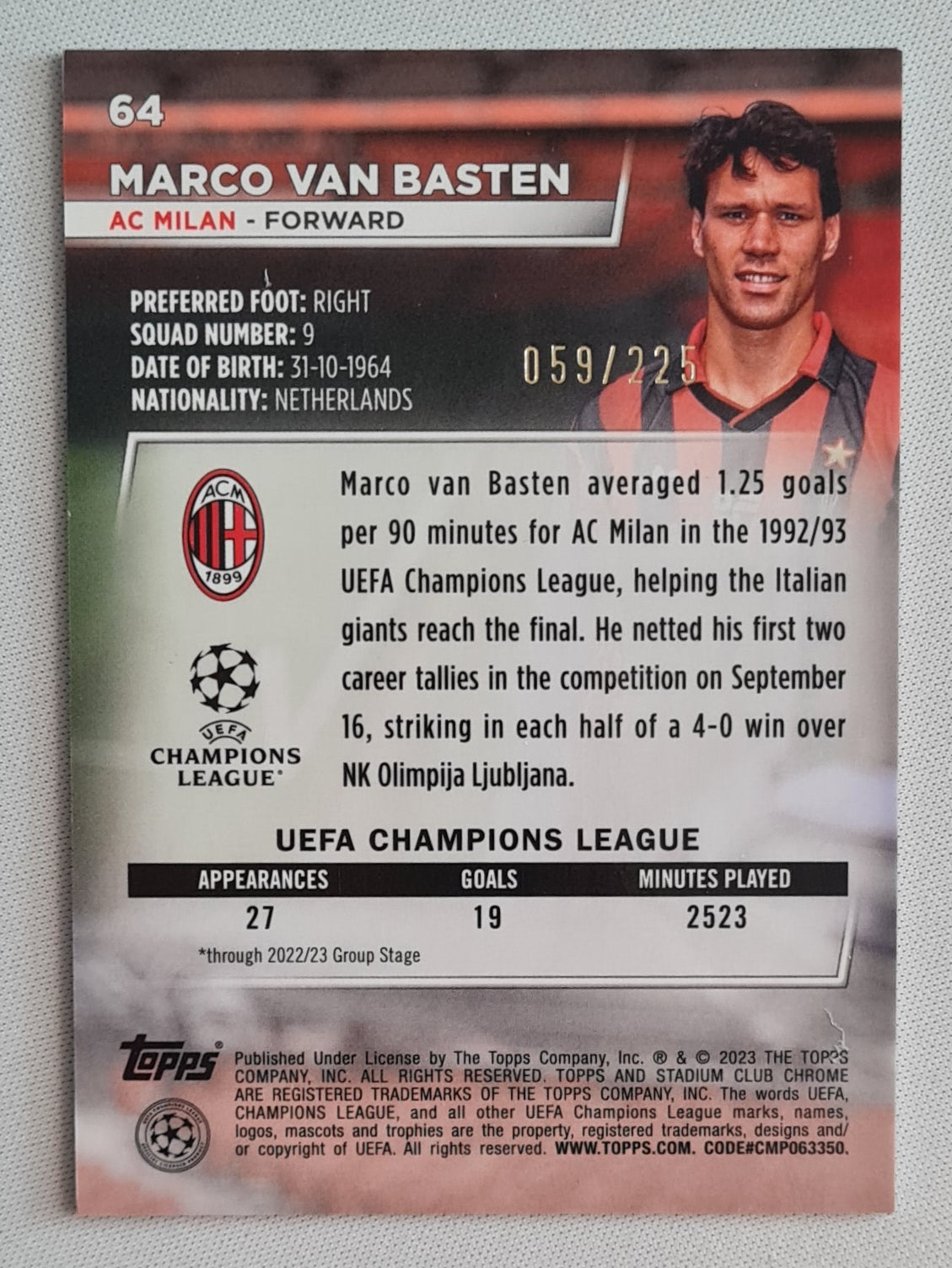 Marco van Basten - 2023 Topps Stadium Chrome AC Milan #64 /225