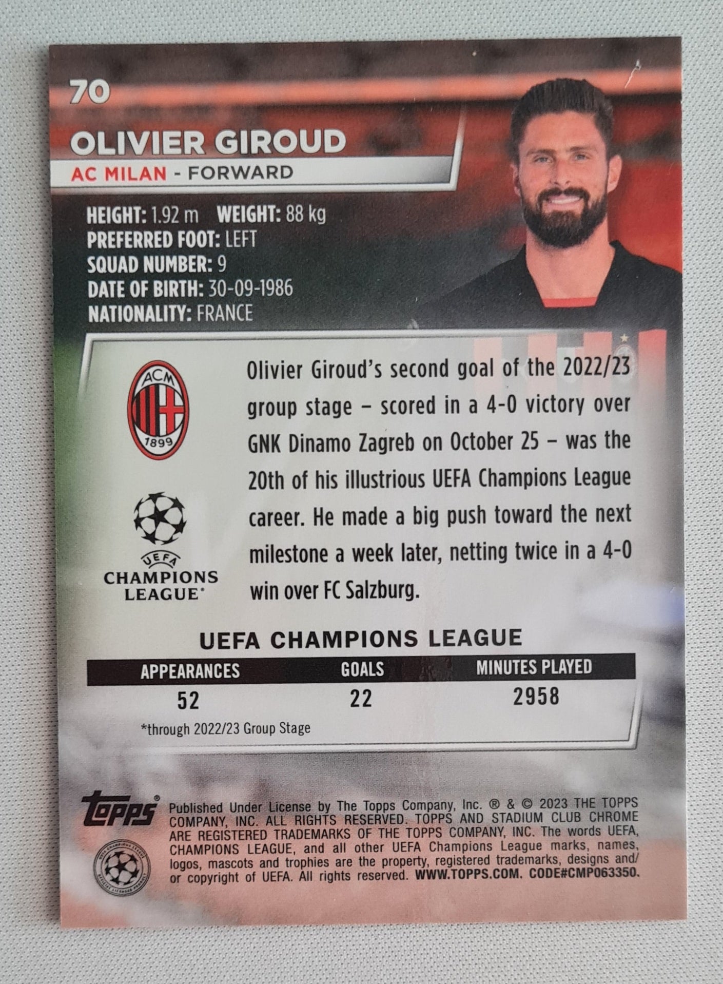 Olivier Giroud - 2023 Topps Stadium Chrome AC Milan #70 Red Electric