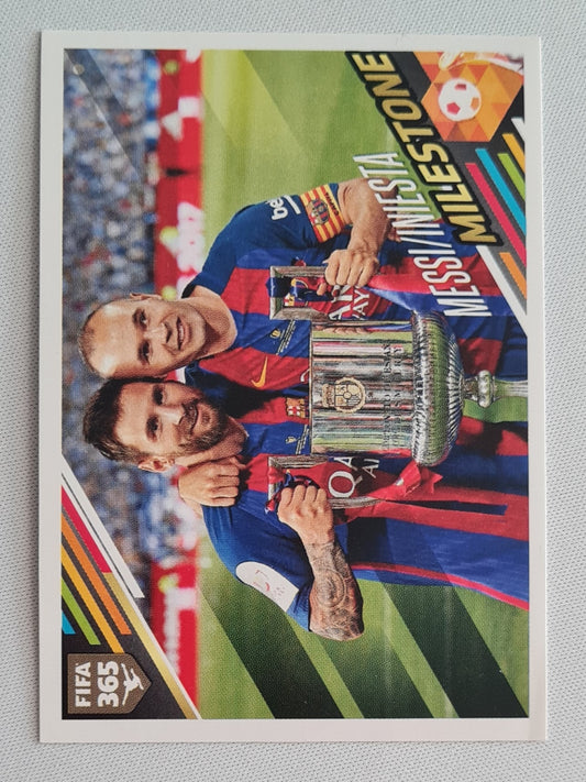 Messi/Iniesta - 2017 Panini FIFA 365 The Golden World of Football Milestone Sticker #387