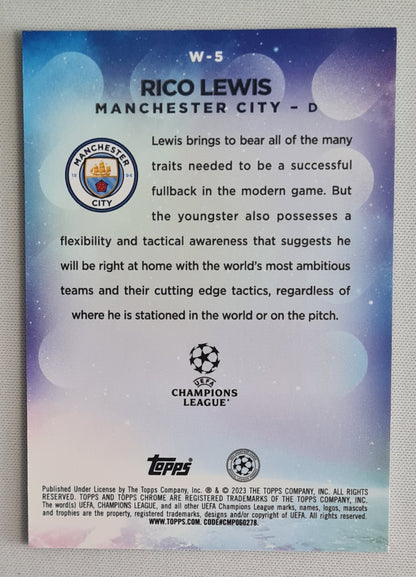 Rico Lewis - 2022/23 Topps Chrome UEFA Club Competitions Wonderkids #W5 Manchester City