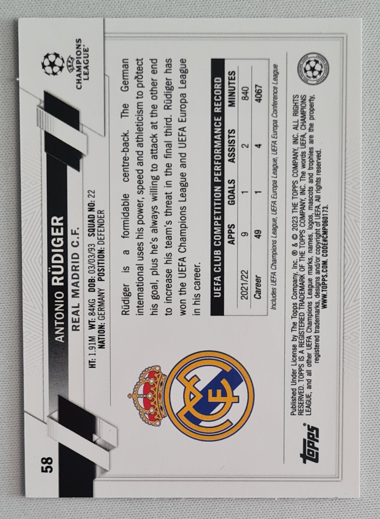 Antonio Rudiger - 2023/24 Topps Chrome UEFA Club Competitions Pulsar #164 Real Madrid