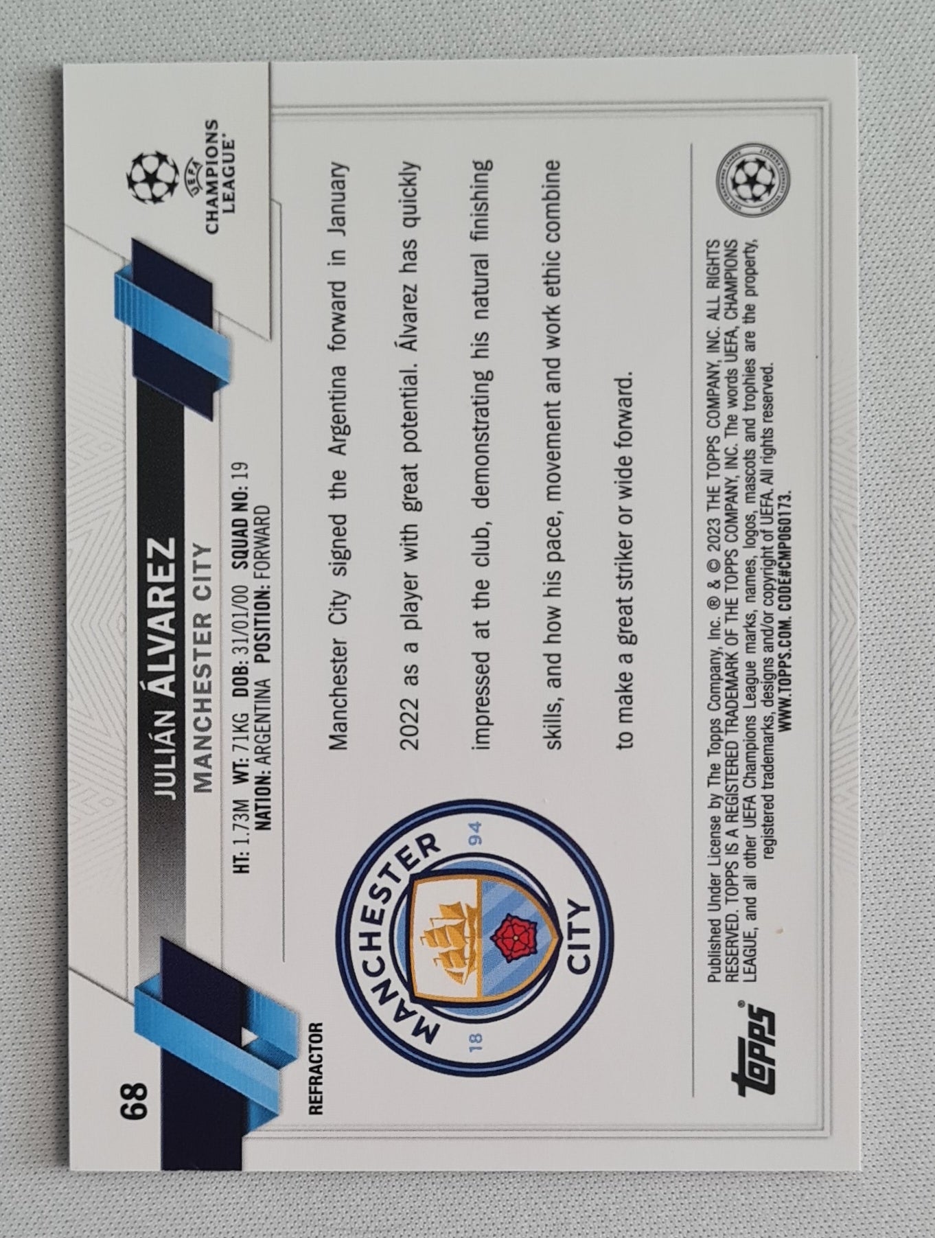 Julian Alvarez - 2022/23 Topps Chrome UEFA Club Competitions Silver #68 Manchester City