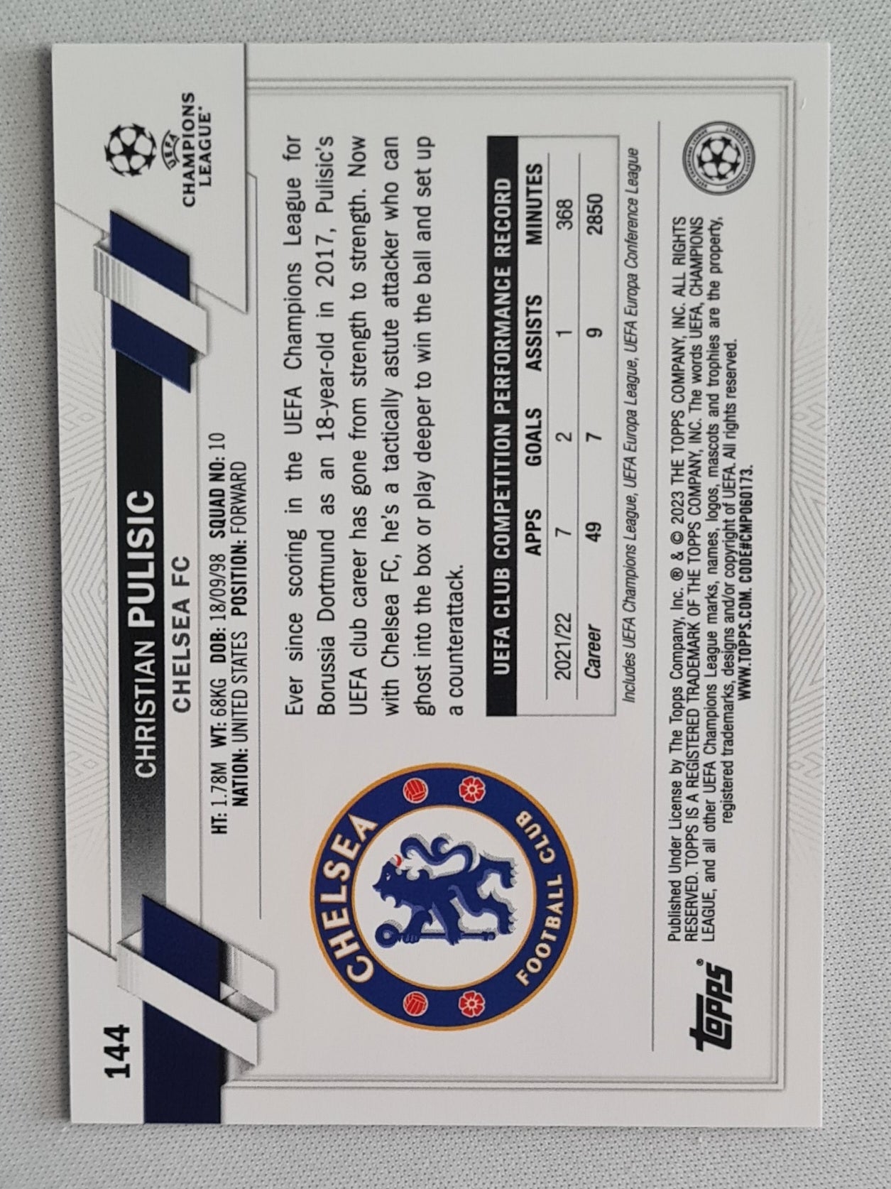 Christian Pulisic - 2022/23 Topps Chrome UEFA Club Competitions Black & White Ray Wave Refractor #144 Chelsea FC