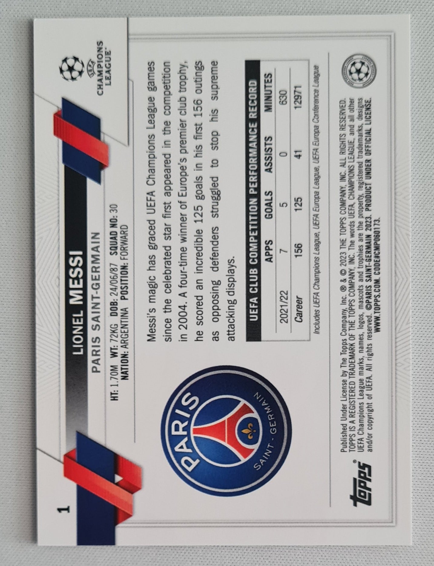 Lionel Messi - 2022/23 Topps Chrome UEFA Club Competitions #1 Paris Saint-Germain