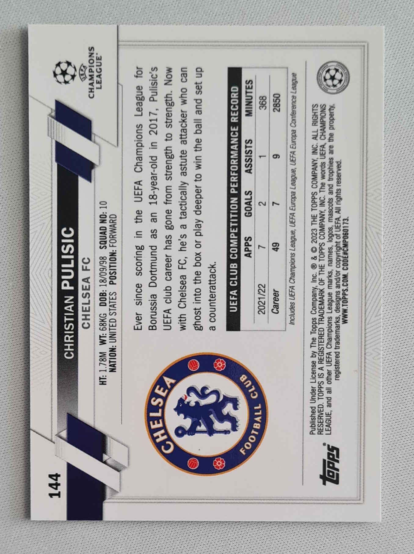 Christian Pulisic - 2022/23 Topps Chrome UEFA Club Competitions #144 Chelsea FC