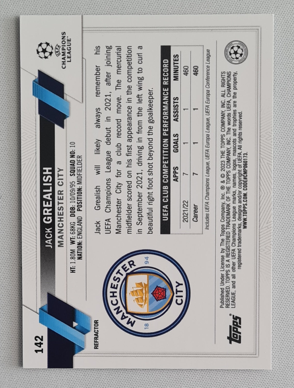 Jack Grealish - 2023 Topps Chrome UEFA Club Competitions #142 Manchester City