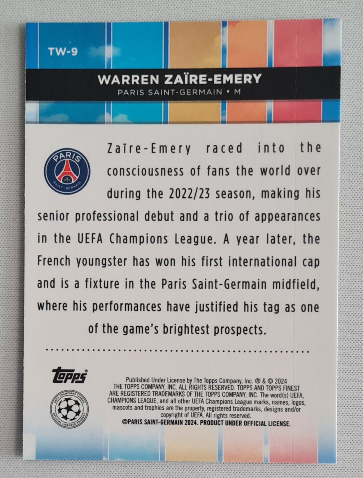 Warren Zaire-Emery - 2023/24 Topps Finest UEFA Club Competitions Top Of The World #TW-9 Paris Saint-Germain