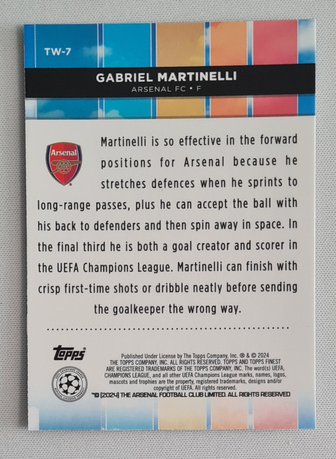 Gabriel Martinelli - 2023/24 Topps Finest UEFA Club Competitions Top Of The World #TW-7 Arsenal FC