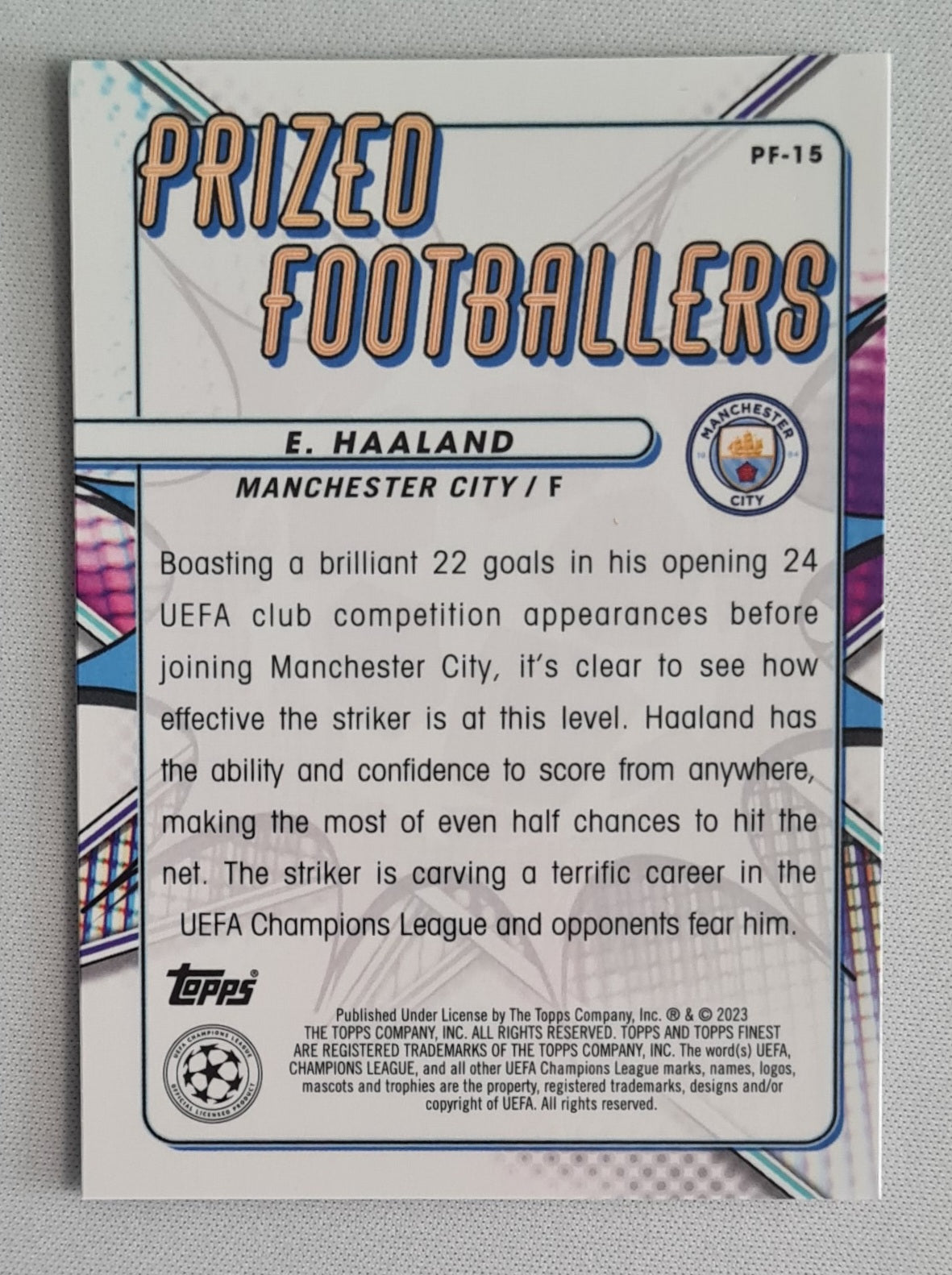Erling Haaland - 2022/23 Topps Finest UEFA Club Competitions Prized Footballers #PF-15 Manchester City FC