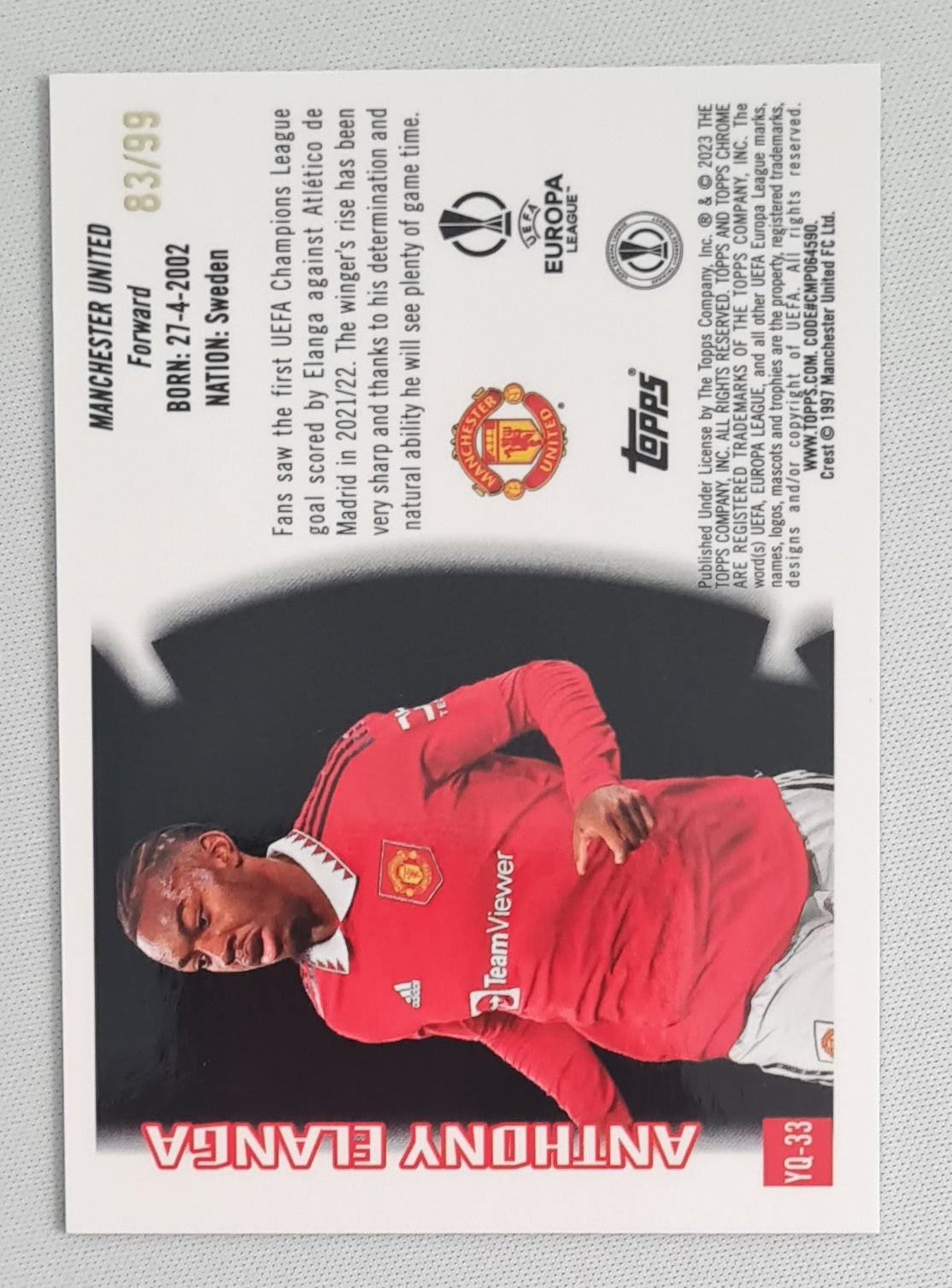 Anthony Elanga - 2022/23 Topps Chrome UEFA Club Competitions Youthquake Green Refractor /99 #YQ-33 Manchester United