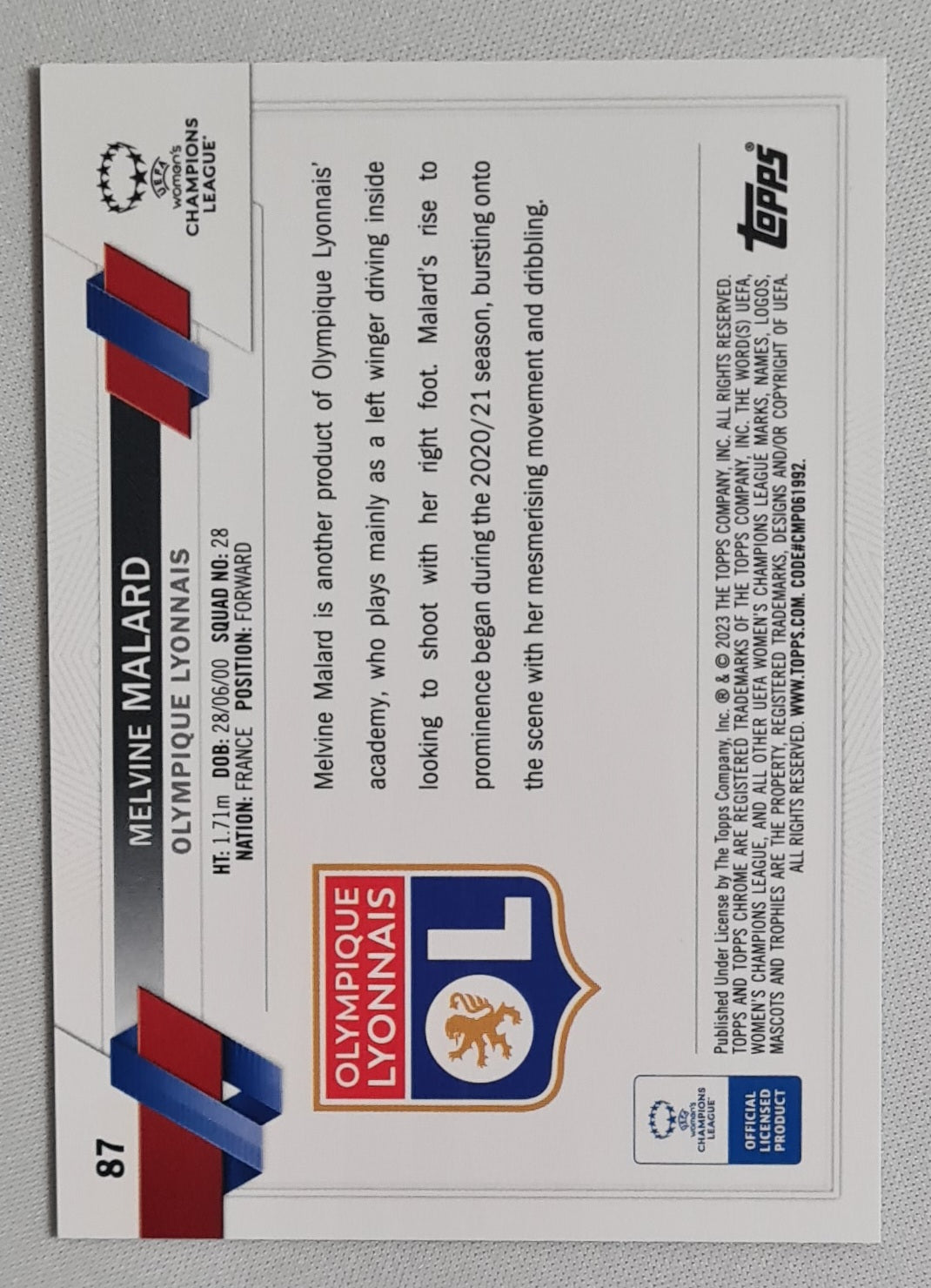 Melvine Malard - 2023 Topps Chrome Aqua Olympique (RC) (CL) #87