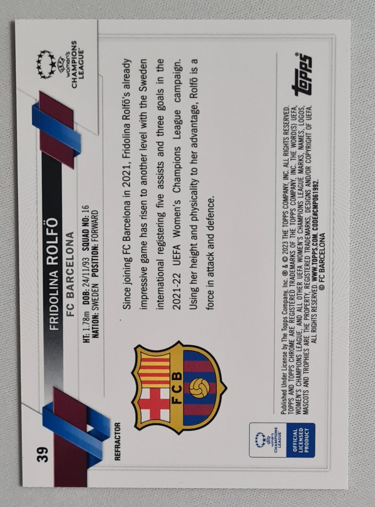 Fridolina Rolfö - 2023 Topps Chrome FC Barcelona (CL) (RC) #39