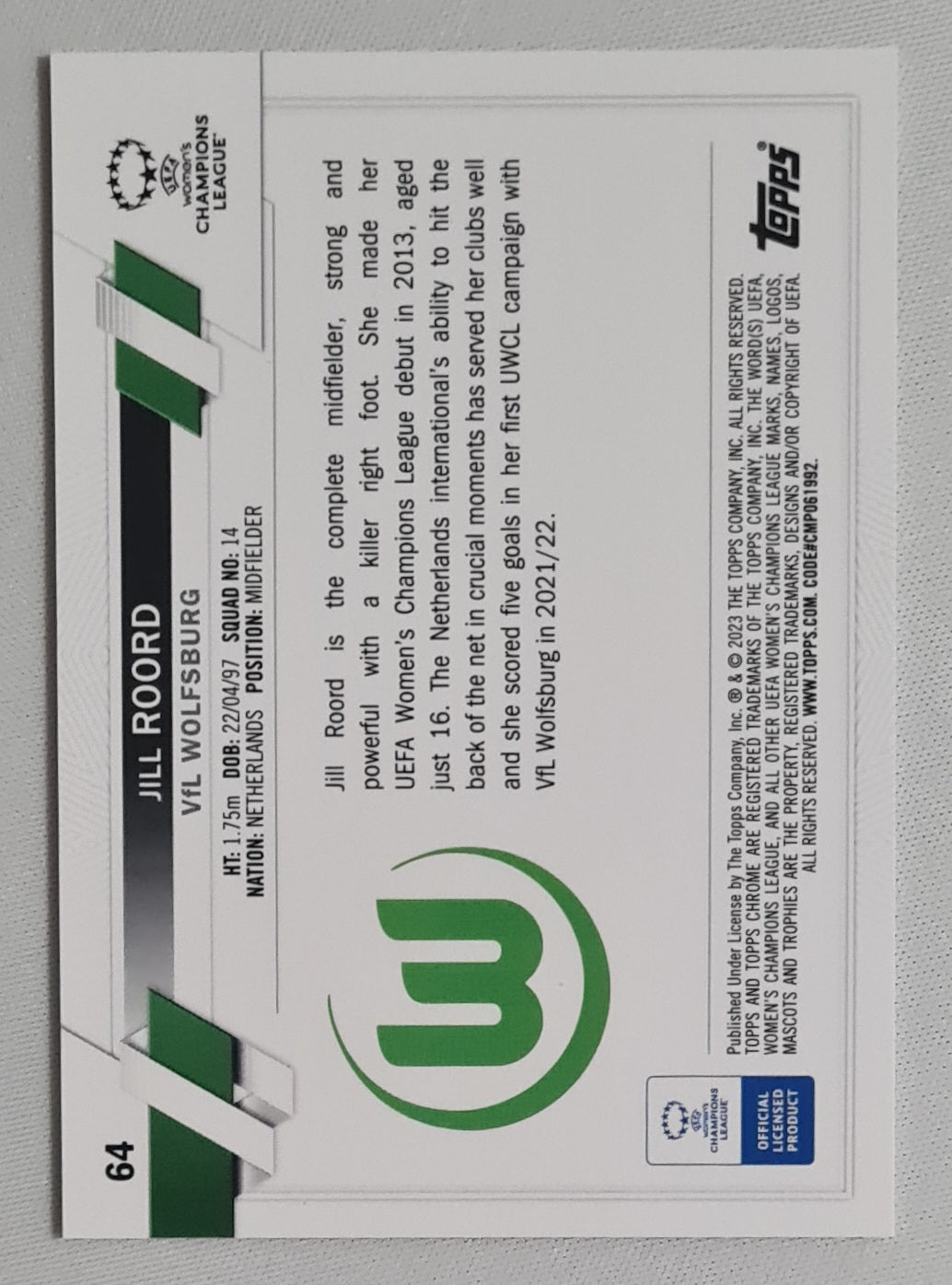 Jill Roord - 2023 Topps Chrome VFL Wolfsburg (CL) #64
