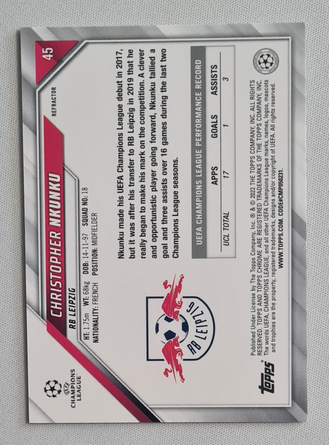 Christoher Nkunku - 2022 Topps Chrome Red Bulls Leipzig Champions League #45 Refractor