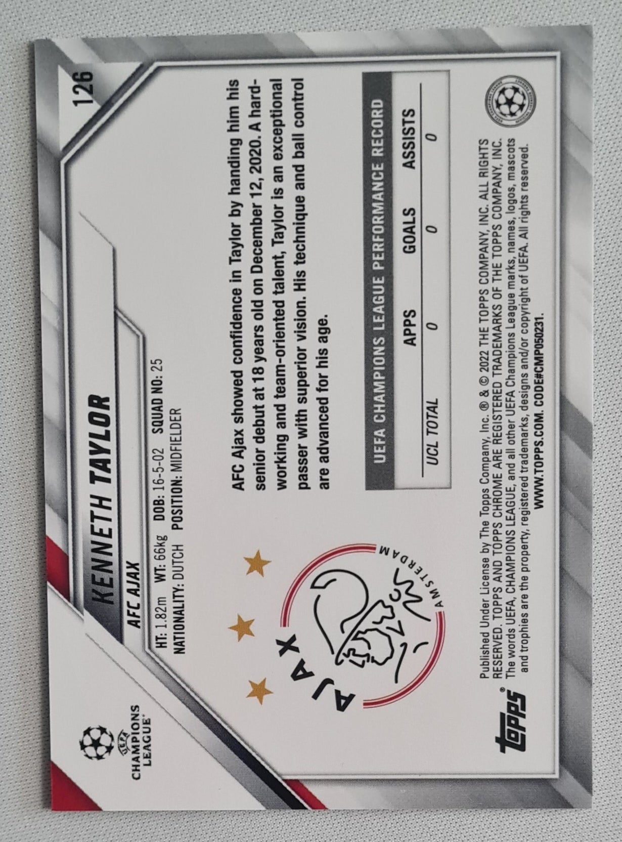 Kenneth Taylor - 2022 Topps Chrome AFC Ajax Champions League #126