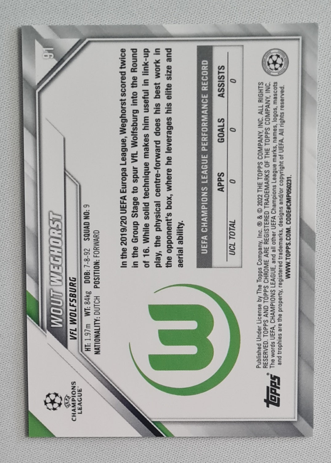 Wout Weghorst - 2022 Topps Chrome VFL Wolfsburg Champions League #91