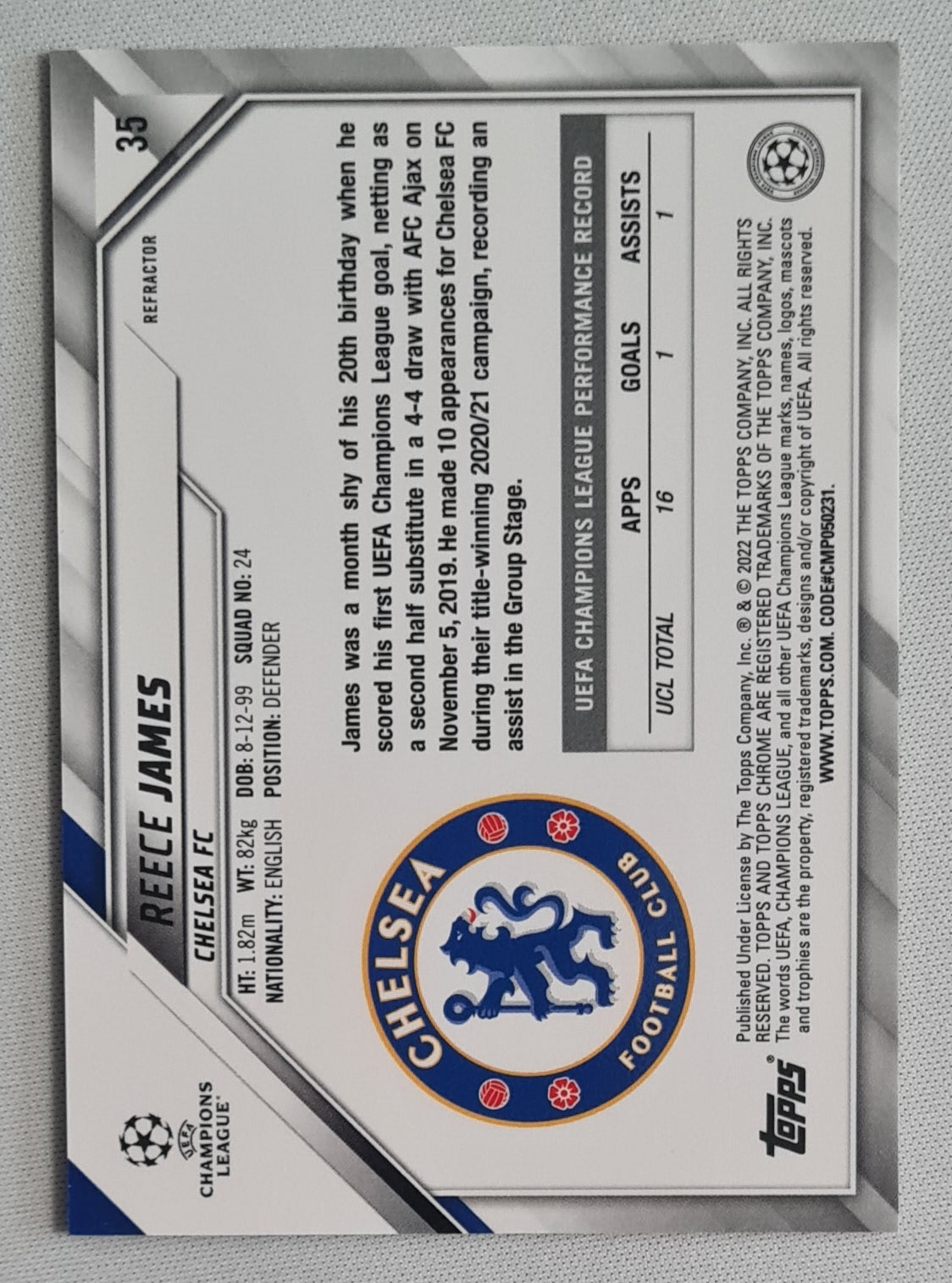 Reece James - 2022 Topps Chrome Chelsea FC Champions League #35 Refractor