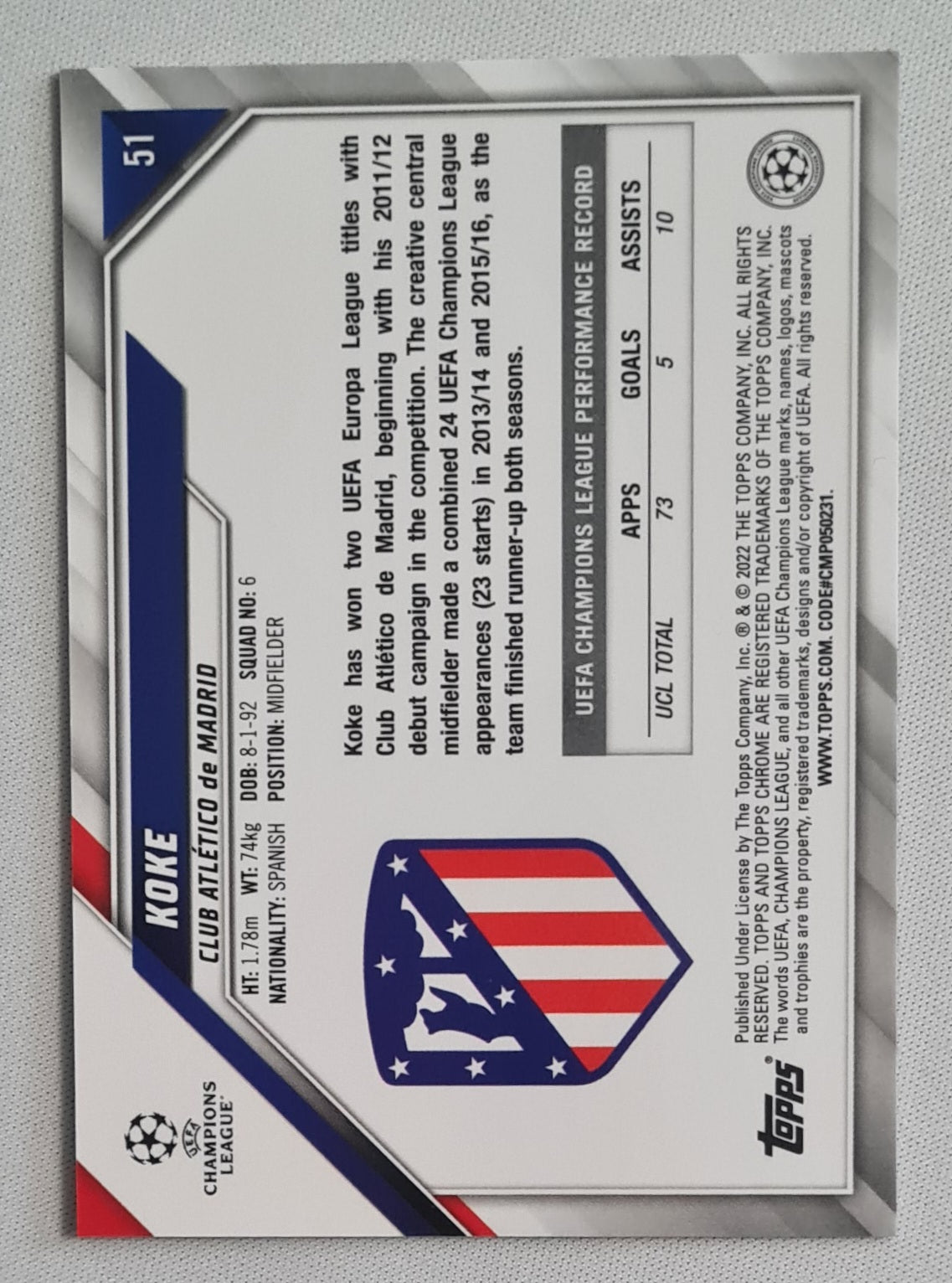 Koke - 2022 Topps Chrome Club Atletico de Madrid Champions League Image Variation #51