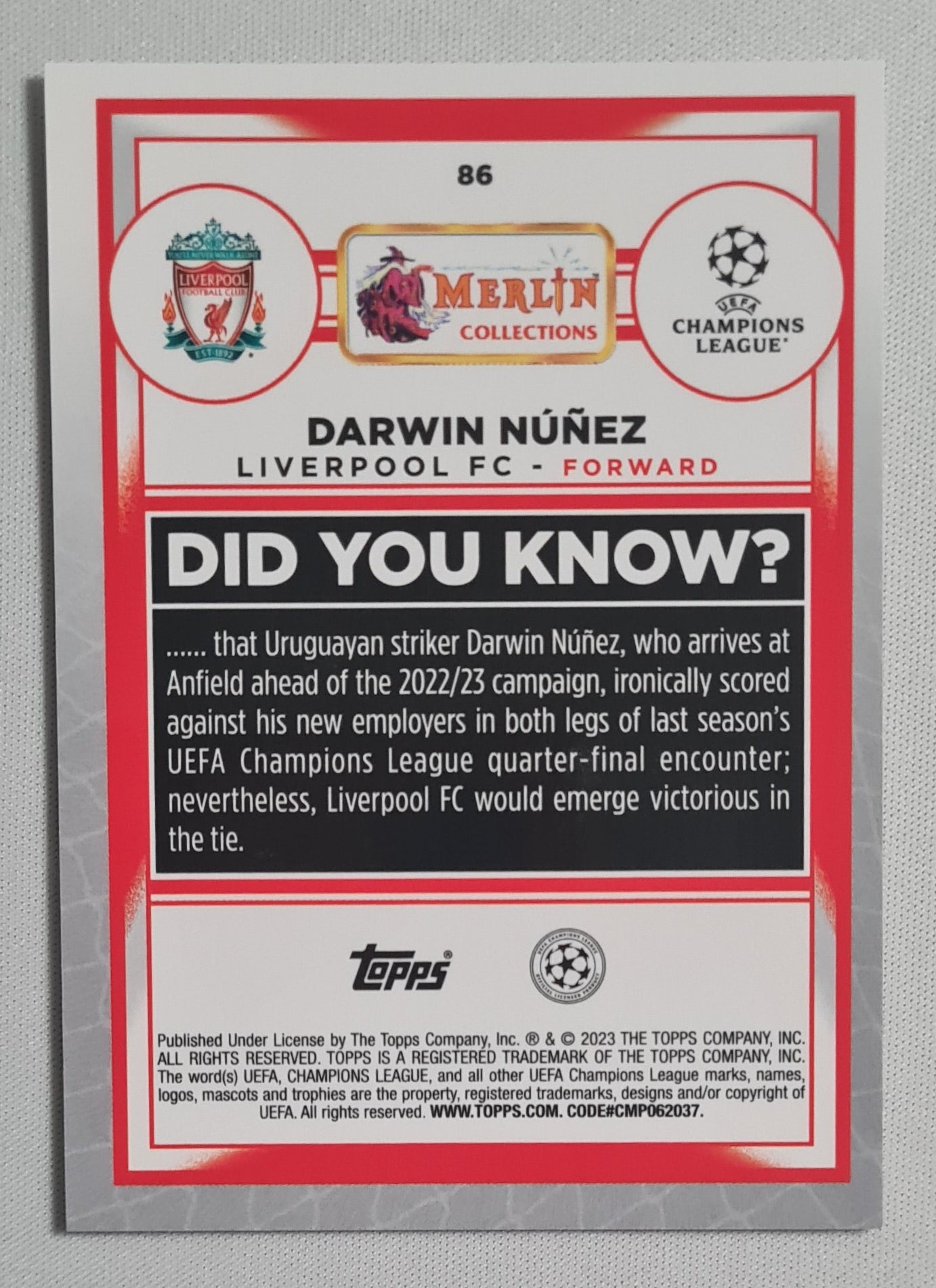 Darwin Nunez - 2023 Topps Merlin Collection Liverpool FC (CL) #86