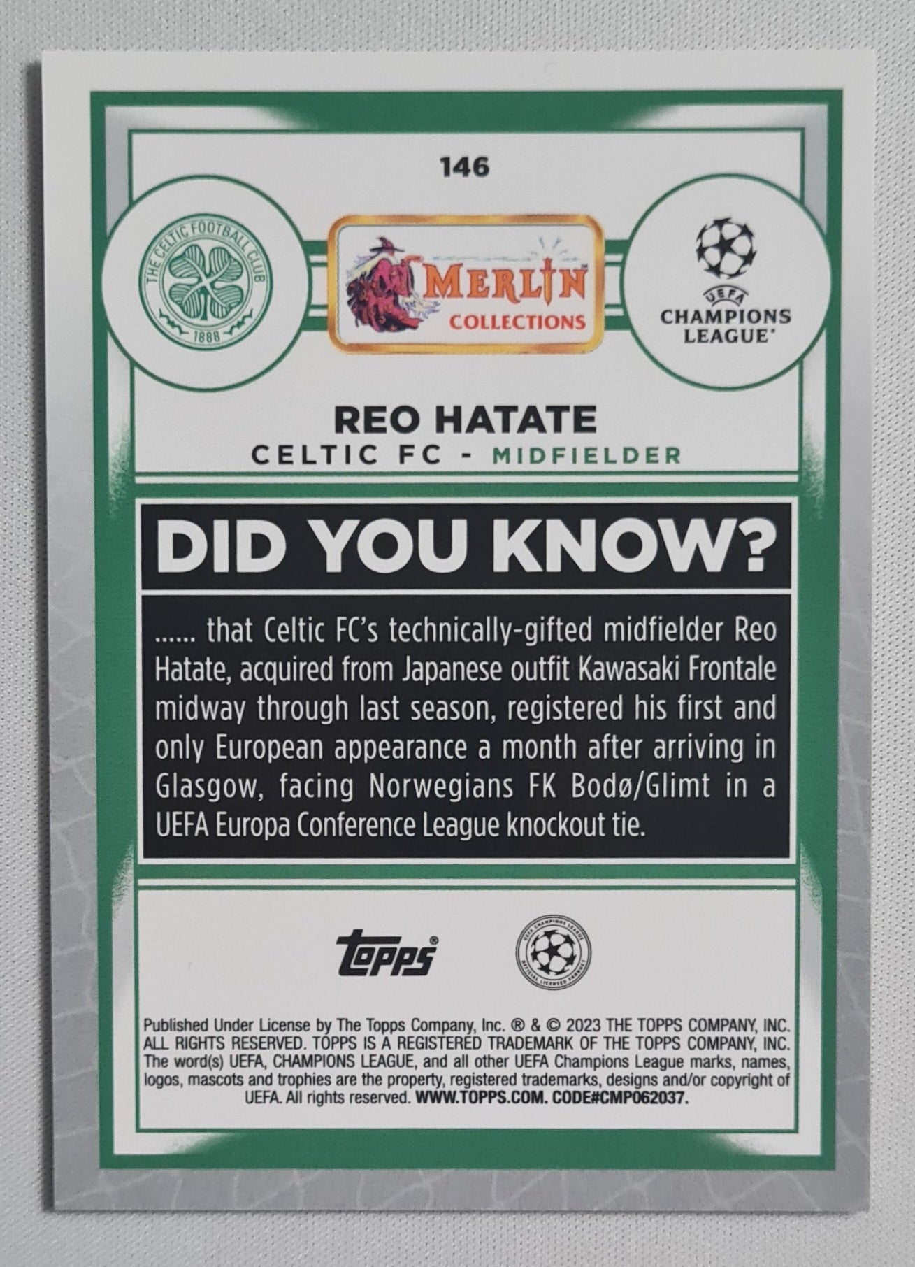 Reo Hatate - 2023 Topps Merlin Collection Celtic FC (CL) #146
