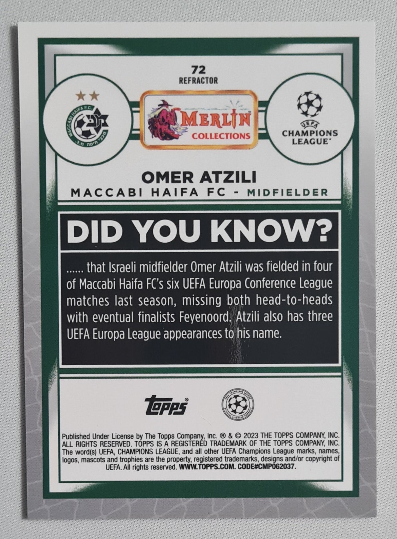 Omer Atzili - 2023 Topps Merlin Collection (RC) Maccabi Haifa FC (CL) #72 Refractor