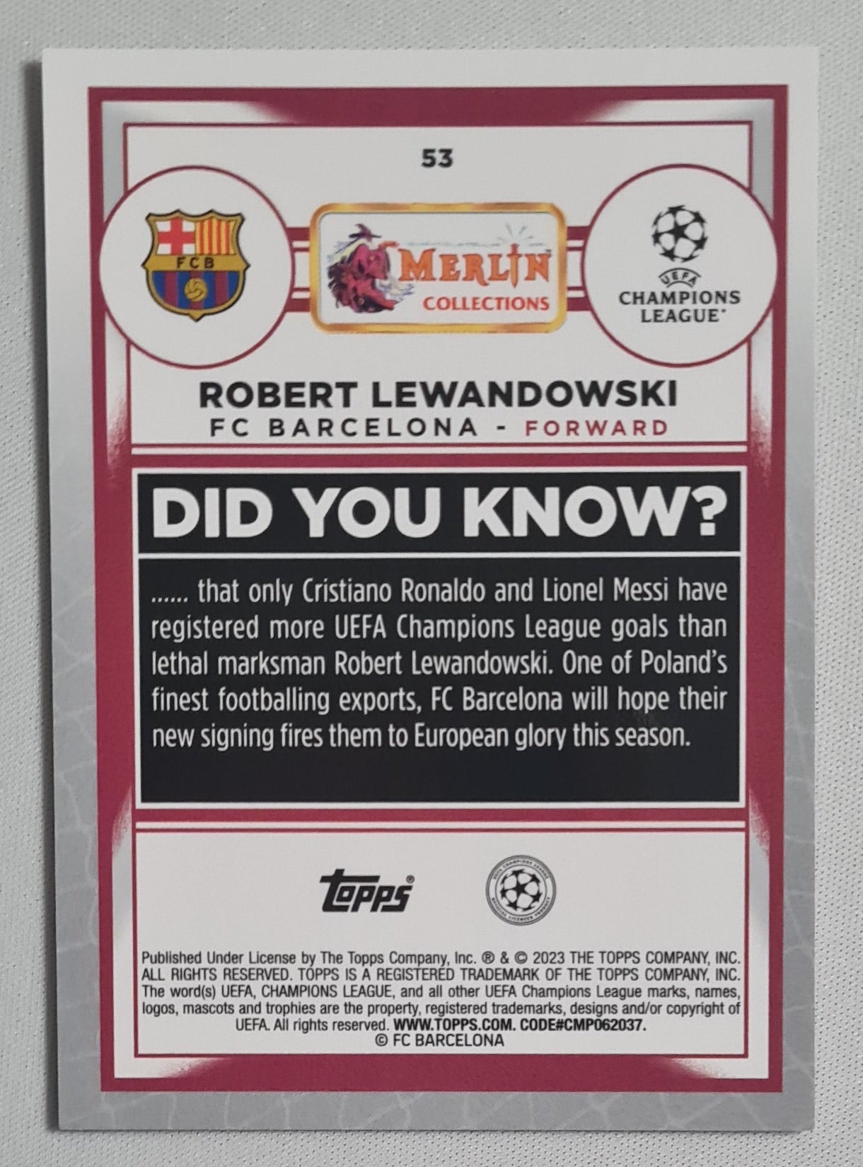 Robert Lewandowski - 2023 Topps Merlin Collection FC Barcelona (CL) #53