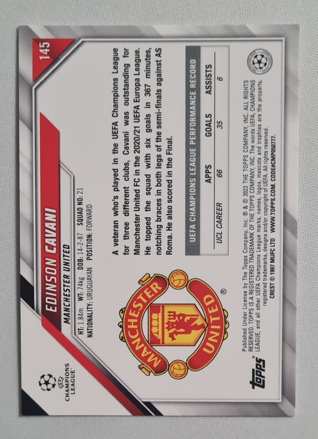 Edinson Cavani - 2022 Topps Manchester United (CL) #145