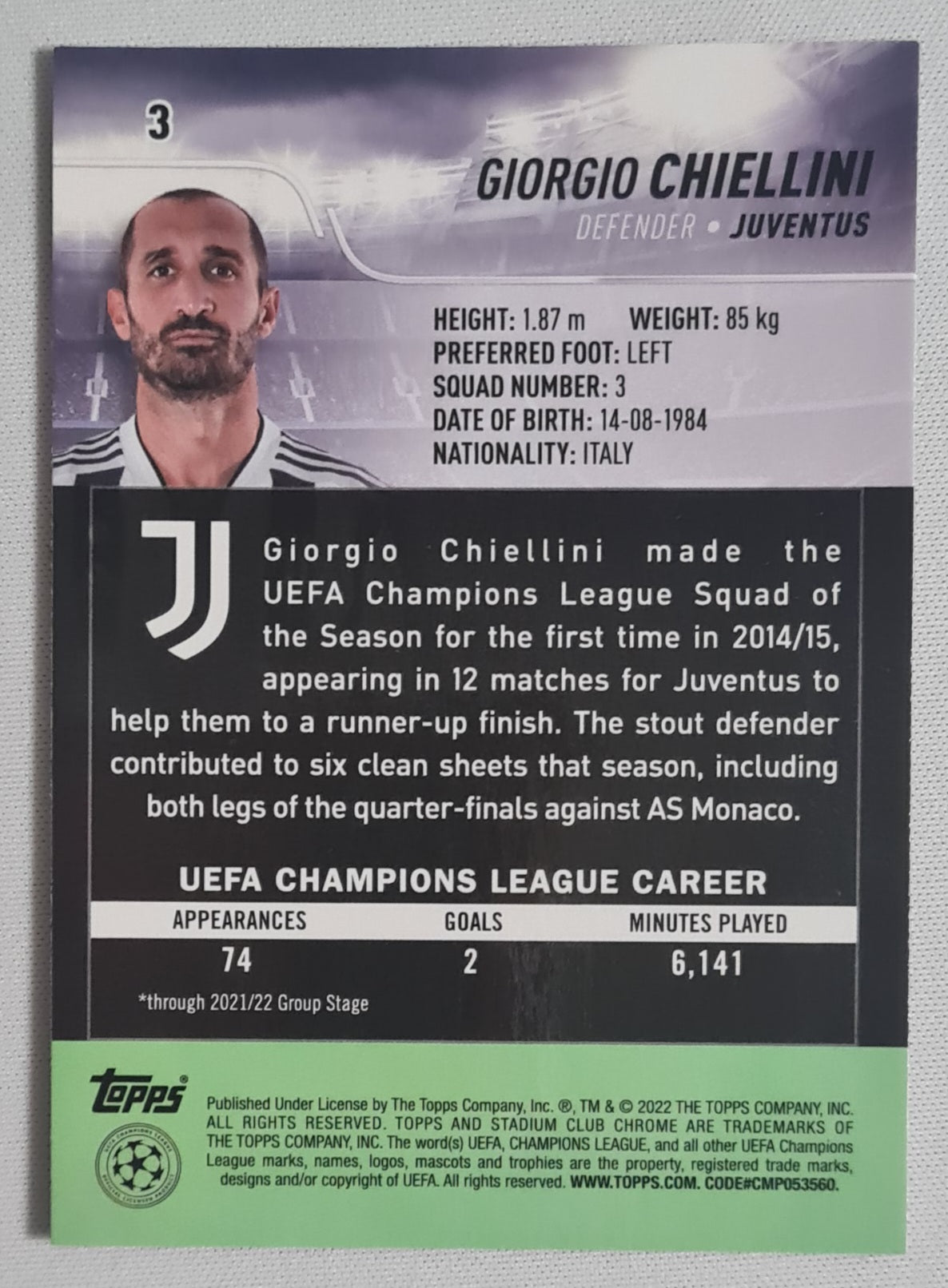 Giorgio Chiellini - 2022 Topps Stadium Chrome (CL) Juventus #3