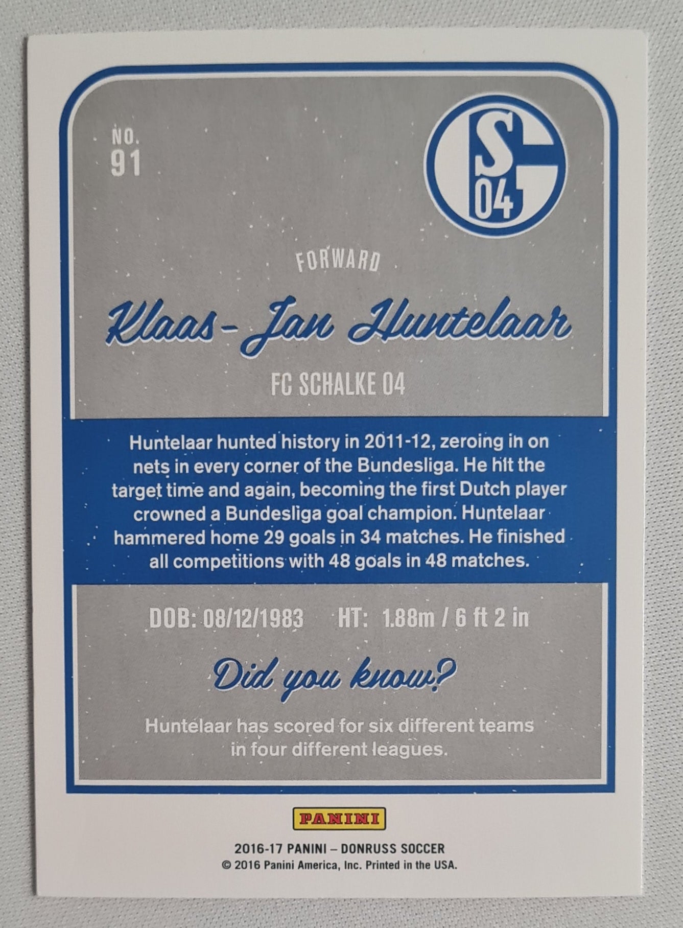 Klaas Jan Huntelaar - 2016/17 Panini Donruss Soccer FC Schalke 04 #91