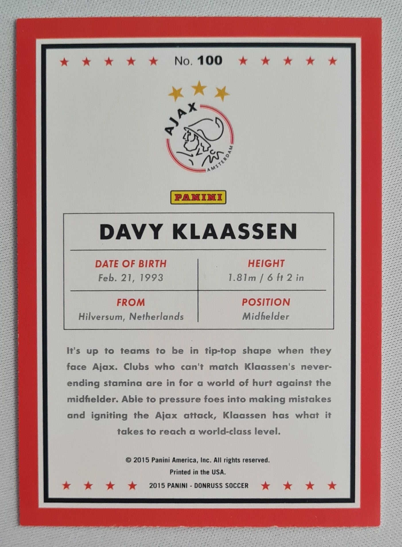 Davy Klaassen - 2015 Panini Donruss Soccer Ajax AFC #100
