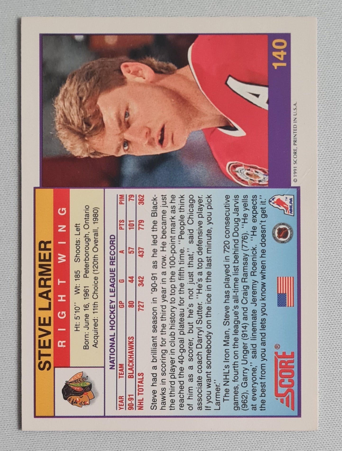 Steve Larmer - 1990 Score NHL Blackhawks Ice Hockey #140