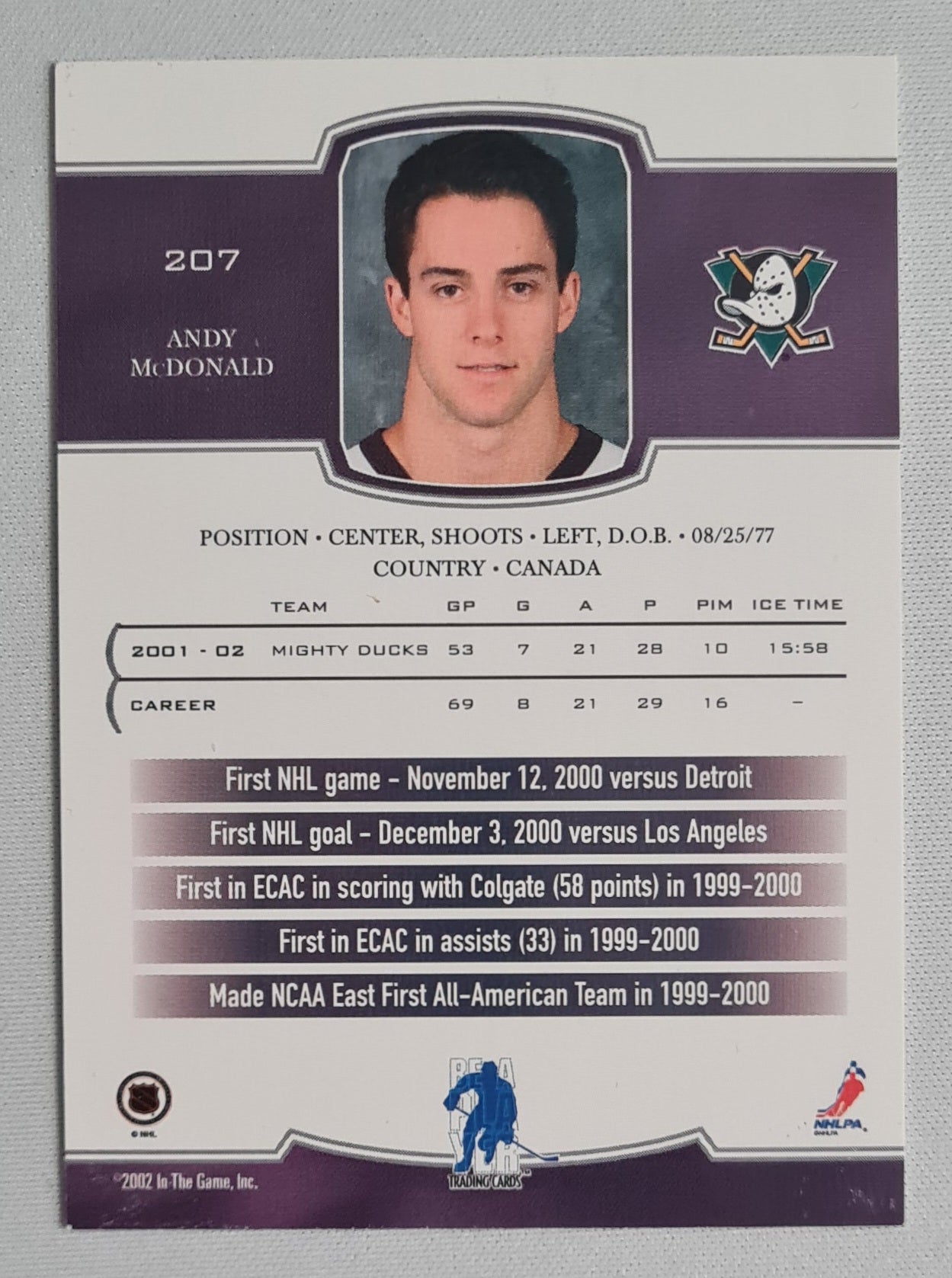 Andy McDonald - 2002 Be a Player Trading Cards - In the Game - First Edition Mighty Ducks #207