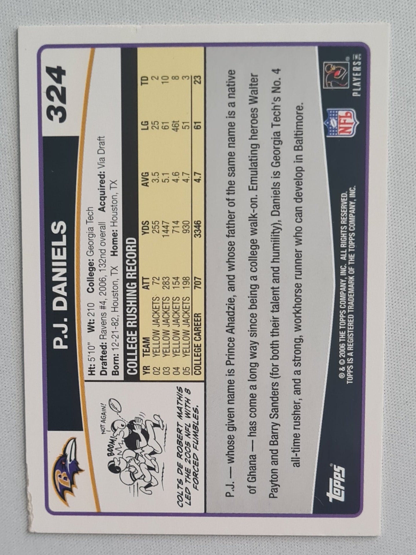 P.J. Daniels - 2006 Topps Rookie Card NFL Football Baltimore Ravens (AFC) #324