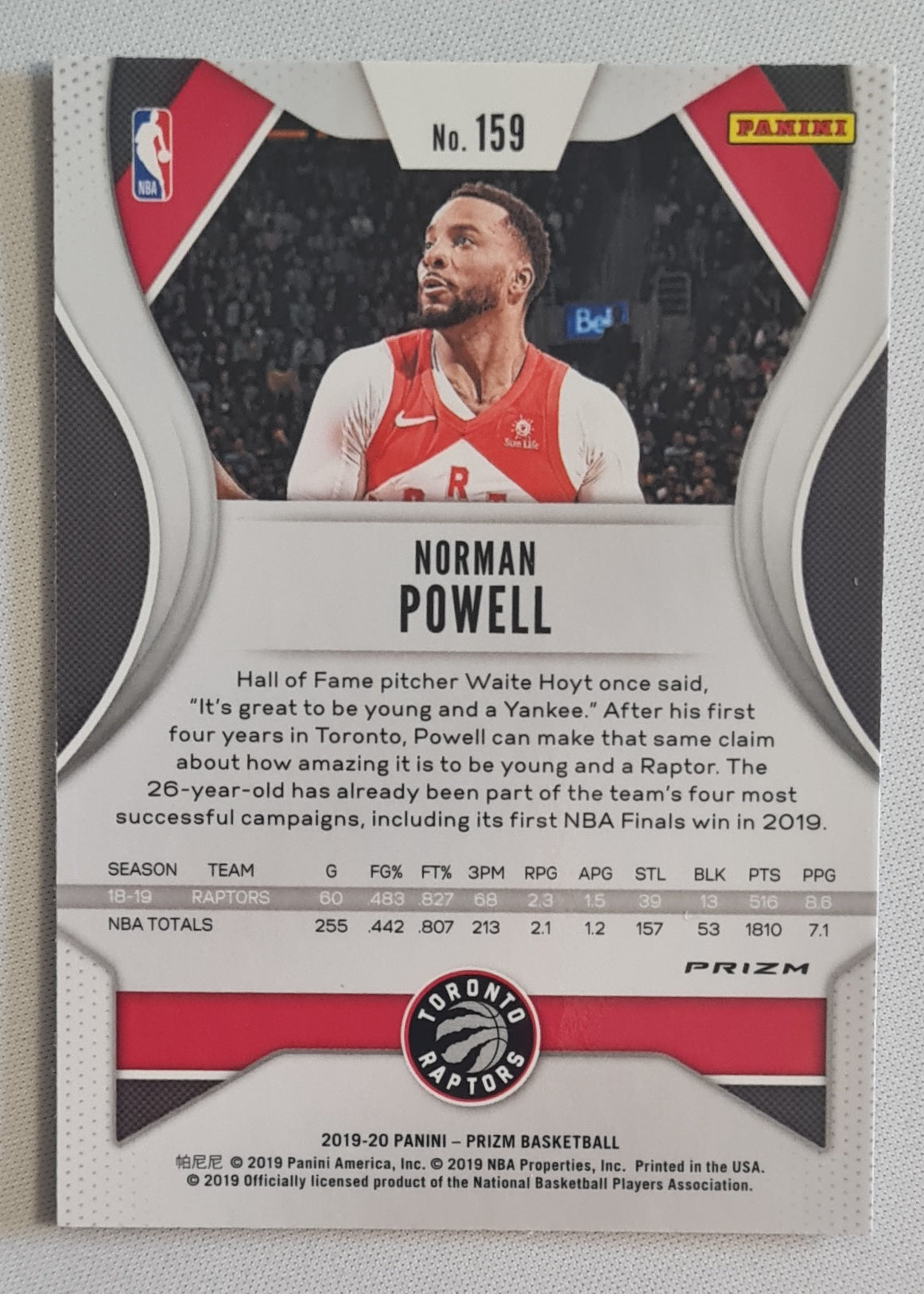 Norman Powell -2019/20 Panini Prizm Basketball NBA Toronto Raptors #159  Red/Whte/Blue Prizm
