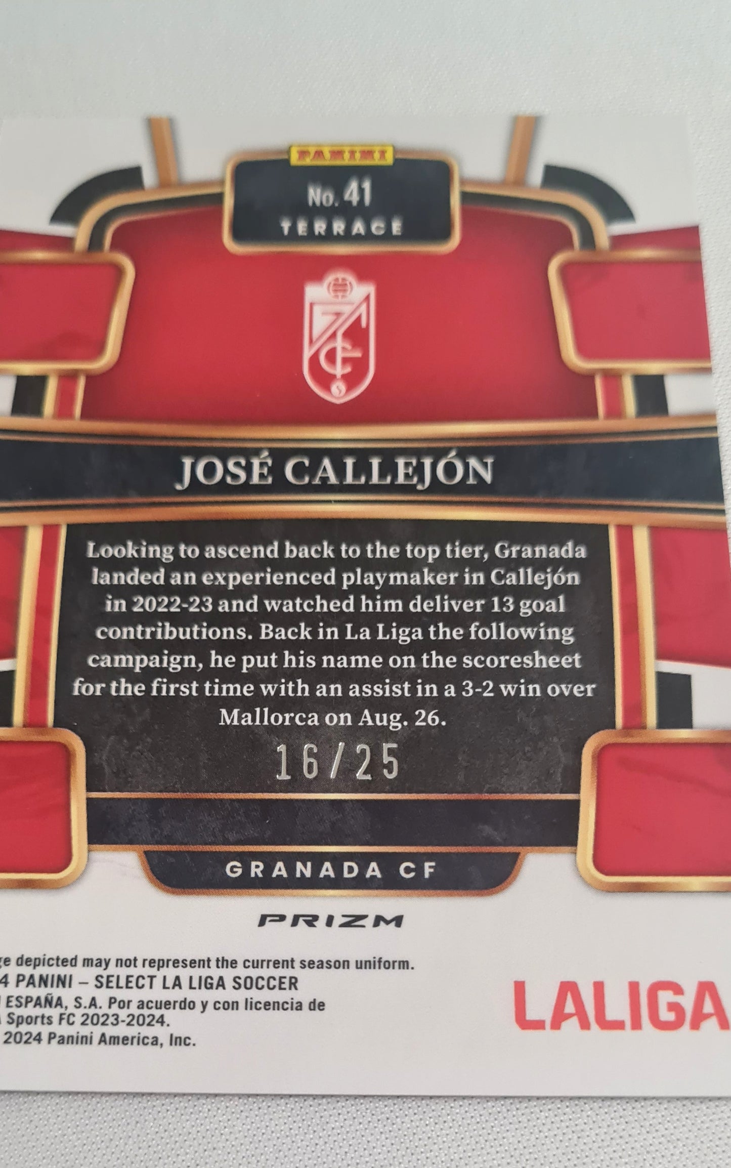 Jose Callejon - 2023/24 Panini Select La Liga Soccer Granada C.F. #41 Zebra Prizm /25 SSP